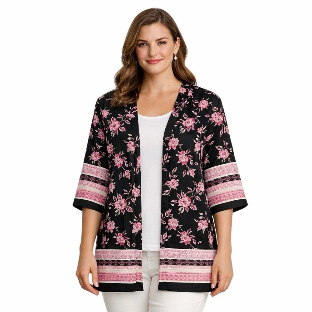 Knitworks Sheer Black /Pink Floral Kimono Cardigan Size 10 lightweight Boho EUC